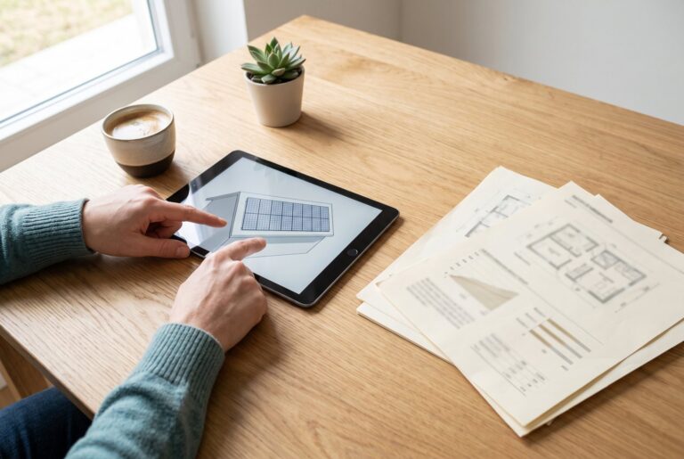 Planung einer Photovoltaikanlage mit Modulbelegungsplan auf dem Tablet