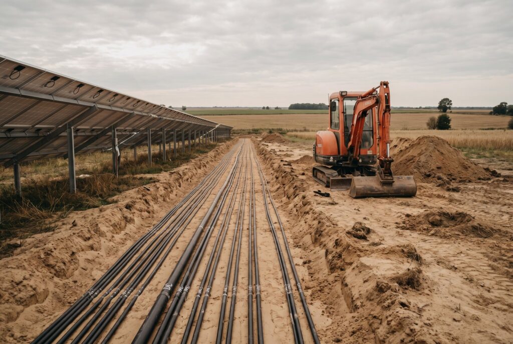Symbolbild: Kabelzug im Graben bis zum Einspeisepunkt – der Netzanschluss beeinflusst Kosten und Ertrag eines Solarparks