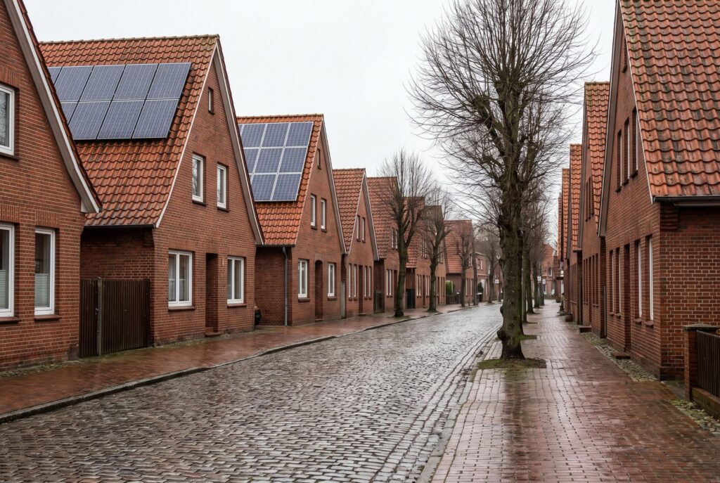 Symbolbild: Photovoltaik auf Backsteinhäusern in einer mecklenburgischen Kleinstadt – neue Anlagen erhalten Einspeisevergütung nach EEG