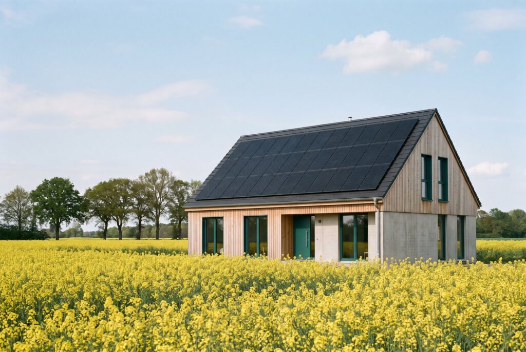 Einfamilienhaus mit schwarzer Photovoltaikanlage vor einem Rapsfeld in Mecklenburg