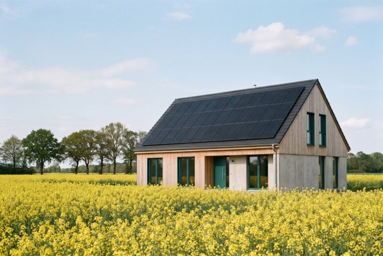 Einfamilienhaus mit schwarzer Photovoltaikanlage vor einem Rapsfeld in Mecklenburg