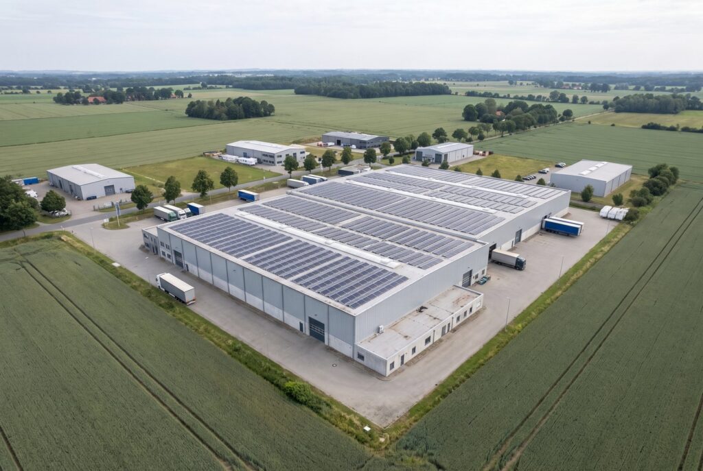 Symbolbild: Gewerbehalle mit Photovoltaikanlage auf dem Flachdach aus der Luft
