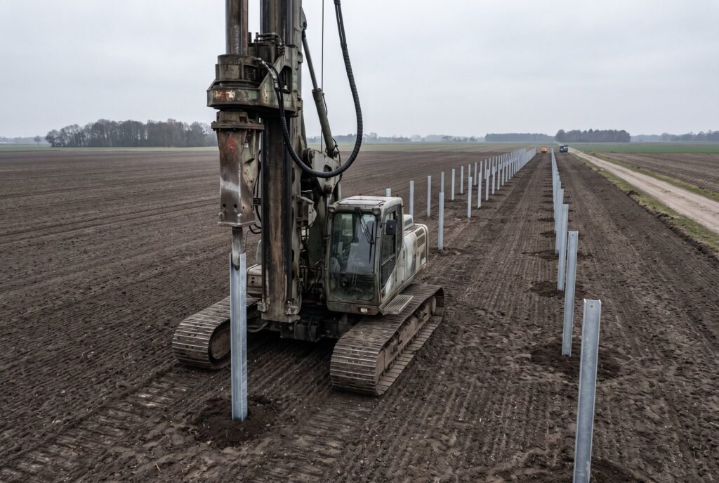 Rammgerät setzt Stahlpfosten für die Unterkonstruktion eines Solarparks