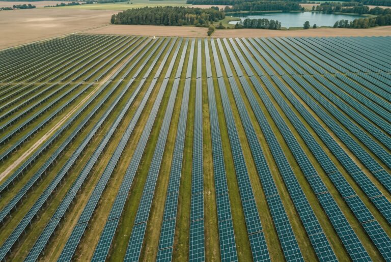 Luftbild eines Solarparks auf Freifläche in Mecklenburg-Vorpommern