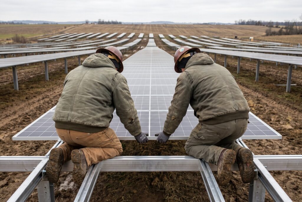 Symbolbild: Montage von Solarmodulen auf dem Gestell eines Solarparks