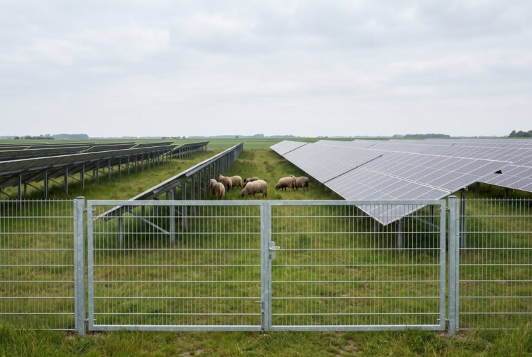 Eingezäunter Solarpark mit weidenden Schafen zwischen den Modulreihen