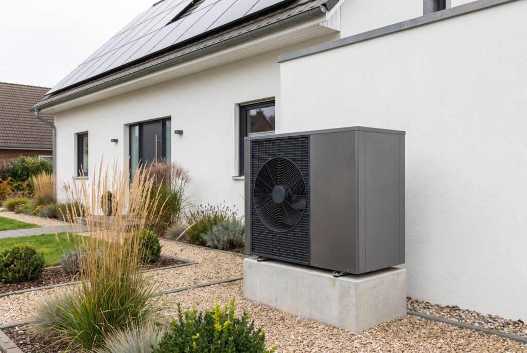 Symbolbild: Einfamilienhaus mit Photovoltaik auf dem Dach und Wärmepumpe im Garten