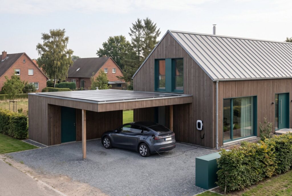 Symbolbild: Carport mit Wallbox – Photovoltaik mit Speicher erhöht den Eigenverbrauch beim Laden des E-Autos